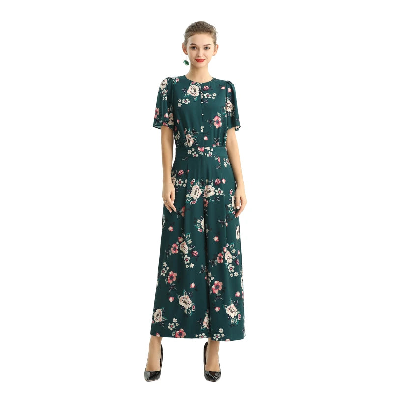 JJparty-R160 Women floral print short puff sleeves jumpsuit