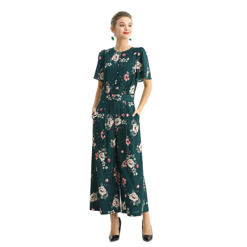 JJparty-R160 Women floral print short puff sleeves jumpsuit