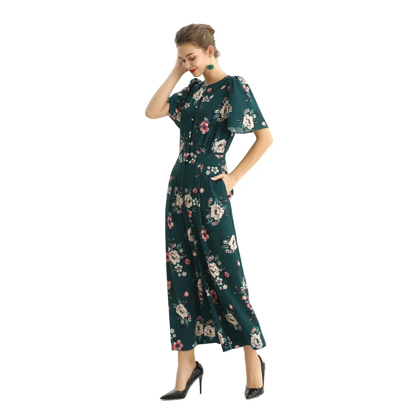 JJparty-R160 Women floral print short puff sleeves jumpsuit