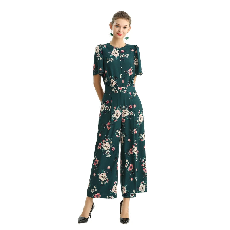 JJparty-R160 Women floral print short puff sleeves jumpsuit