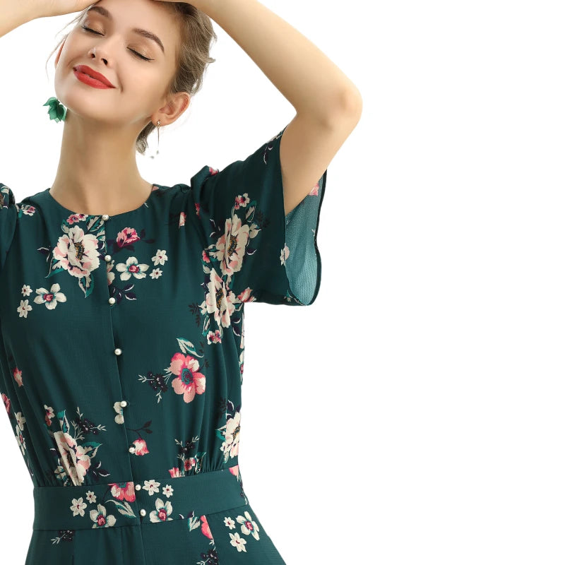 JJparty-R160 Women floral print short puff sleeves jumpsuit