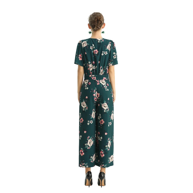 JJparty-R160 Women floral print short puff sleeves jumpsuit