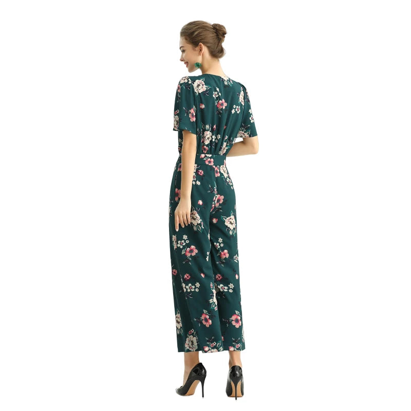 JJparty-R160 Women floral print short puff sleeves jumpsuit