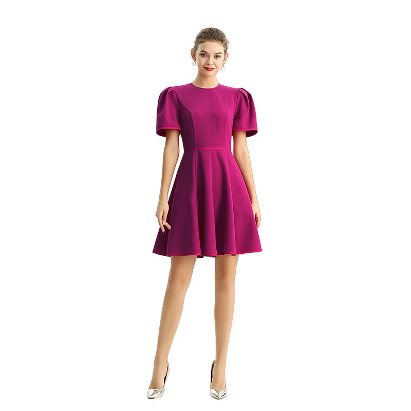 JJparty-D094 Women solid short puffy sleeve mini day dress