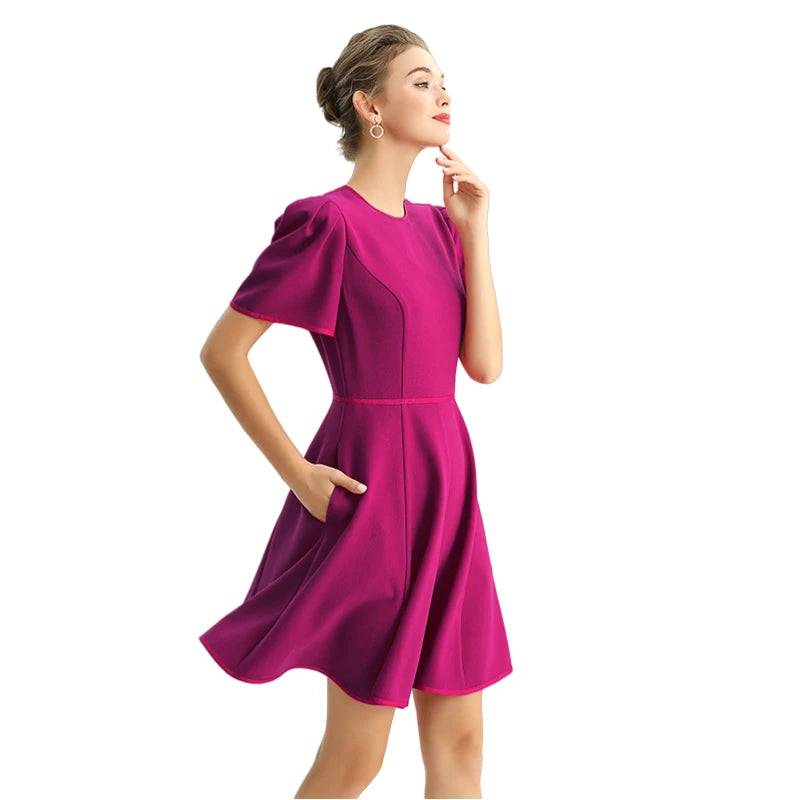 JJparty-D094 Women solid short puffy sleeve mini day dress