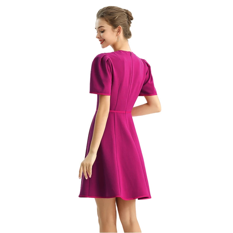 JJparty-D094 Women solid short puffy sleeve mini day dress