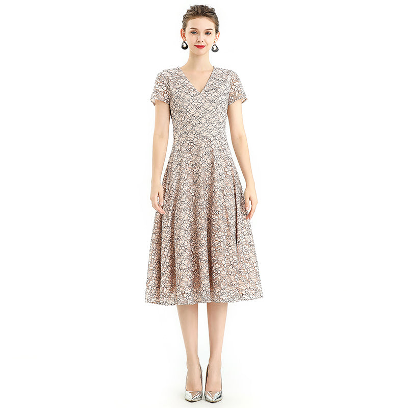 JJparty-D062-3 Women 2-tone flower lace V neck cap sleeves flared midi evening dress