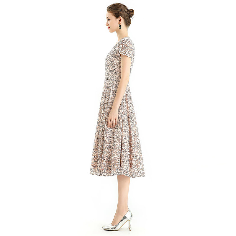 JJparty-D062-3 Women 2-tone flower lace V neck cap sleeves flared midi evening dress