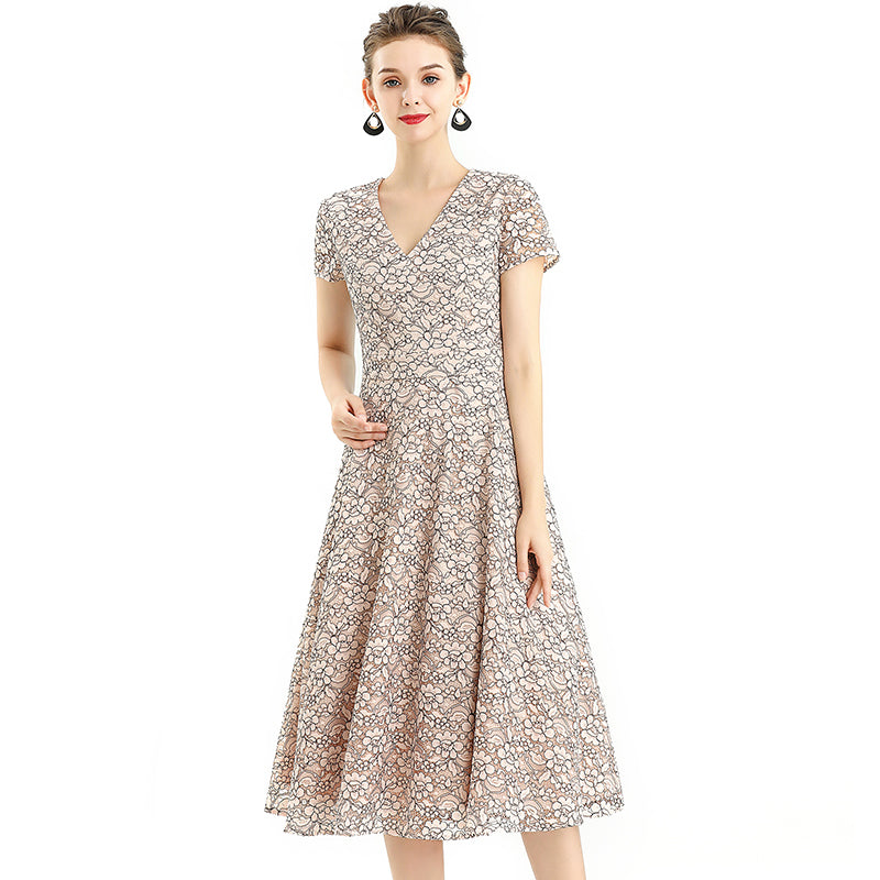 JJparty-D062-3 Women 2-tone flower lace V neck cap sleeves flared midi evening dress