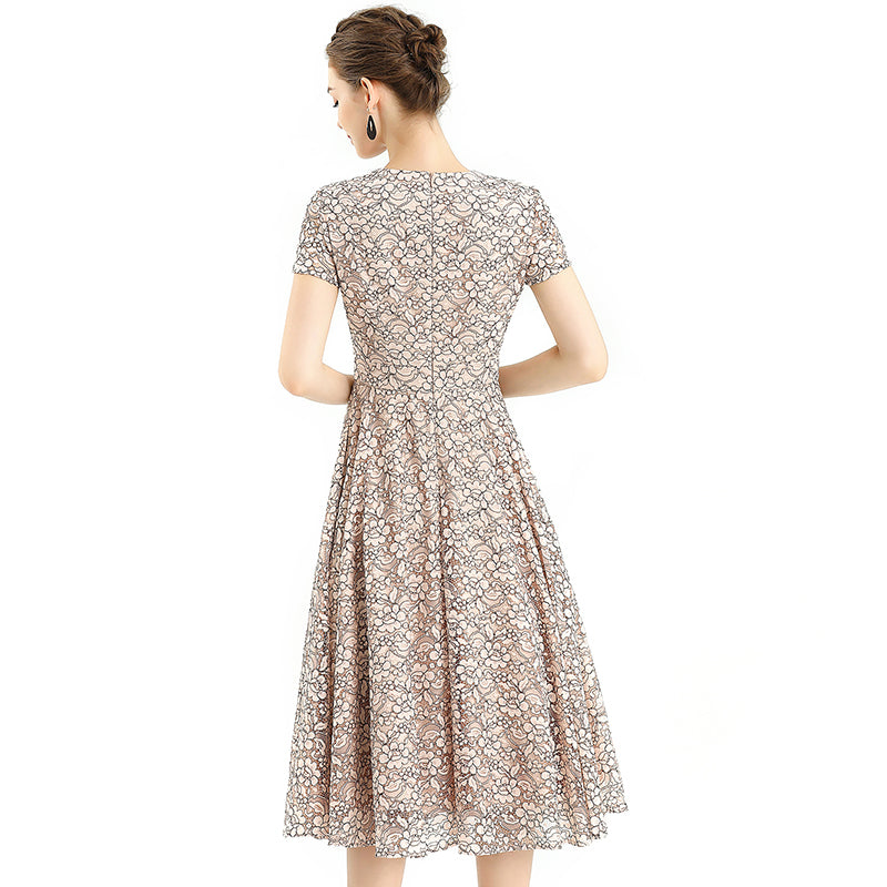 JJparty-D062-3 Women 2-tone flower lace V neck cap sleeves flared midi evening dress