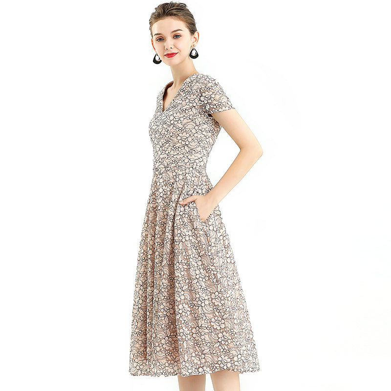 JJparty-D062-3 Women 2-tone flower lace V neck cap sleeves flared midi evening dress