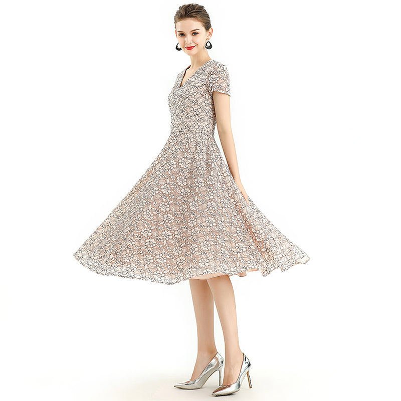 JJparty-D062-3 Women 2-tone flower lace V neck cap sleeves flared midi evening dress