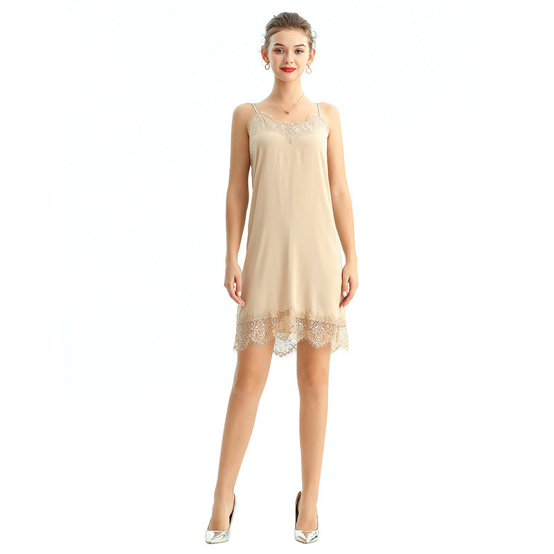 JJparty-D102 Women solid polyester lace trimmed strappy mini slip dress