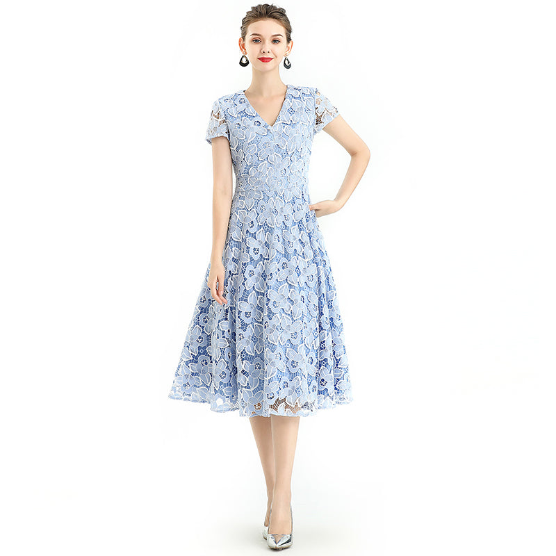 JJparty-D062-5 Women 2-tone flower cut out lace V neck cap sleeves flared midi evening dress
