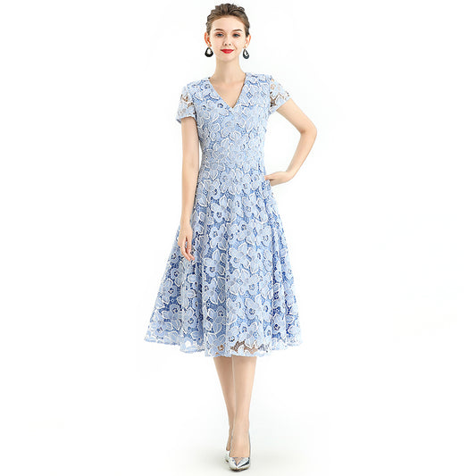 JJparty-D062-5 Women 2-tone flower cut out lace V neck cap sleeves flared midi evening dress