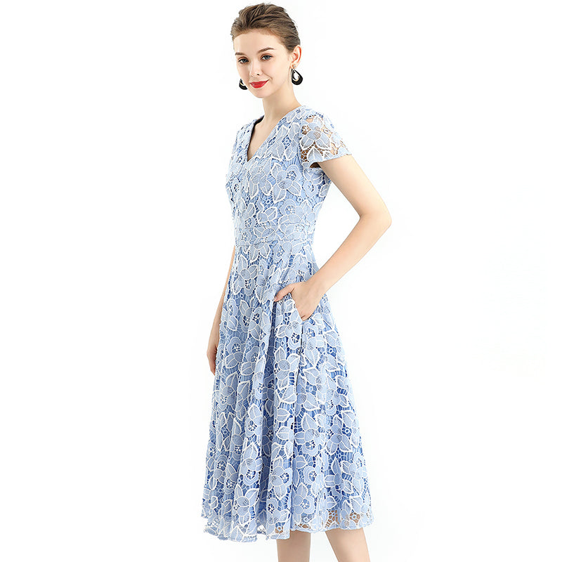 JJparty-D062-5 Women 2-tone flower cut out lace V neck cap sleeves flared midi evening dress