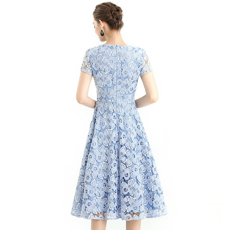 JJparty-D062-5 Women 2-tone flower cut out lace V neck cap sleeves flared midi evening dress