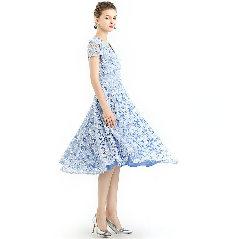 JJparty-D062-5 Women 2-tone flower cut out lace V neck cap sleeves flared midi evening dress