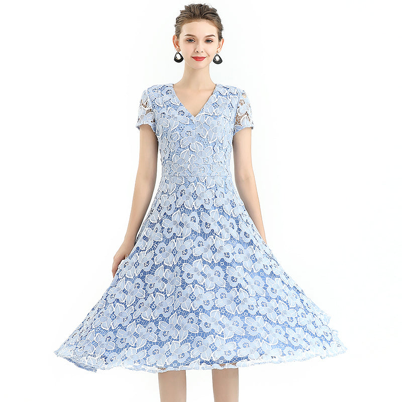 JJparty-D062-5 Women 2-tone flower cut out lace V neck cap sleeves flared midi evening dress
