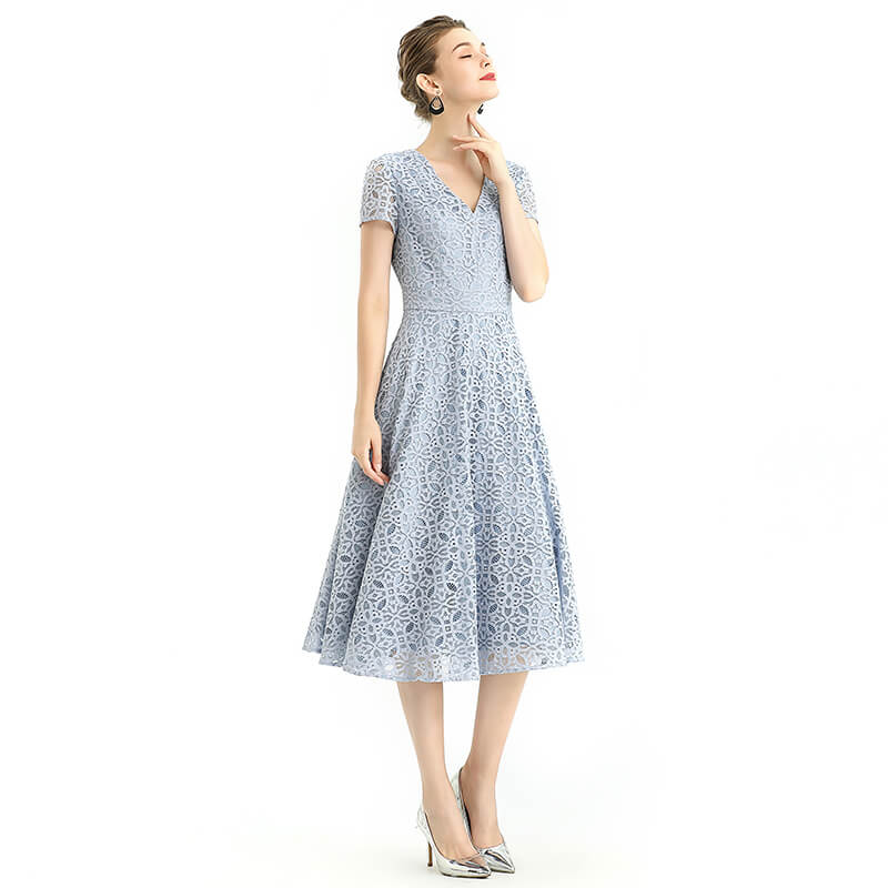 JJparty-D062-4 Women medallion lace pattern V neck cap sleeves flared midi evening dress