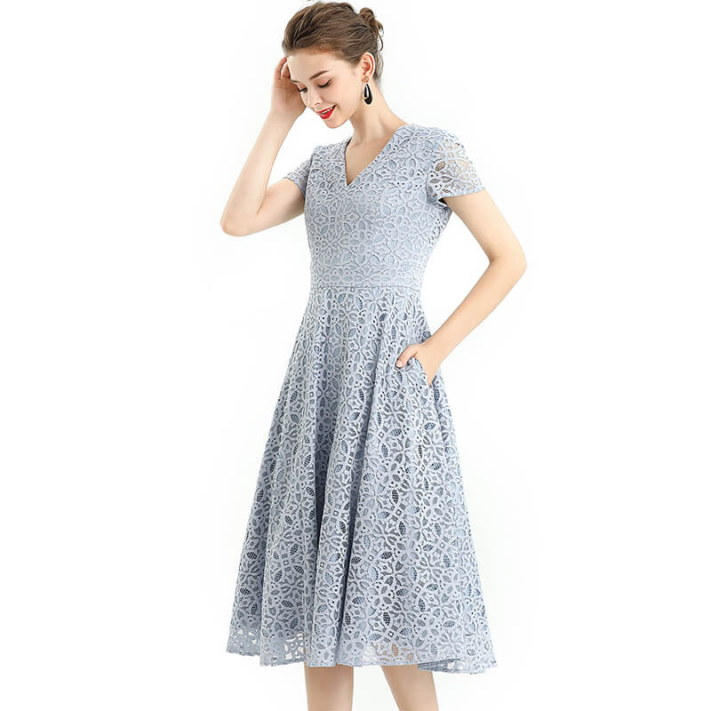 JJparty-D062-4 Women medallion lace pattern V neck cap sleeves flared midi evening dress