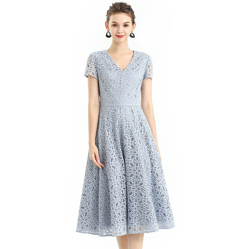JJparty-D062-4 Women medallion lace pattern V neck cap sleeves flared midi evening dress