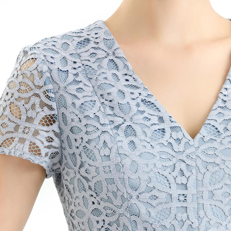 JJparty-D062-4 Women medallion lace pattern V neck cap sleeves flared midi evening dress