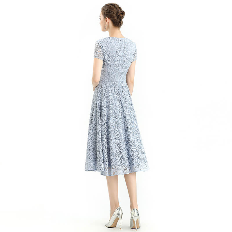JJparty-D062-4 Women medallion lace pattern V neck cap sleeves flared midi evening dress