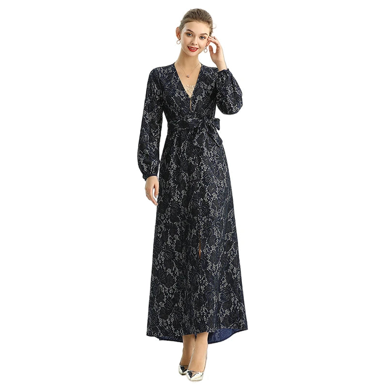 JJparty-C165 Women bonded sequinned lace long sleeves evening maxi robe dress