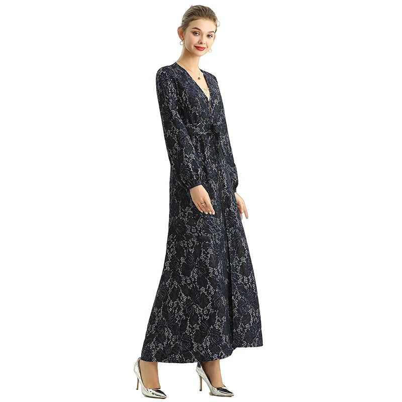 JJparty-C165 Women bonded sequinned lace long sleeves evening maxi robe dress