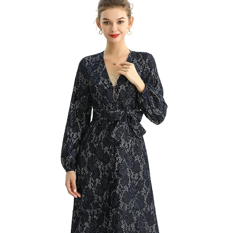 JJparty-C165 Women bonded sequinned lace long sleeves evening maxi robe dress