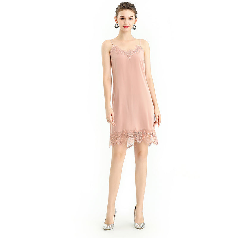 JJparty-D102 Women solid polyester lace trimmed strappy mini slip dress