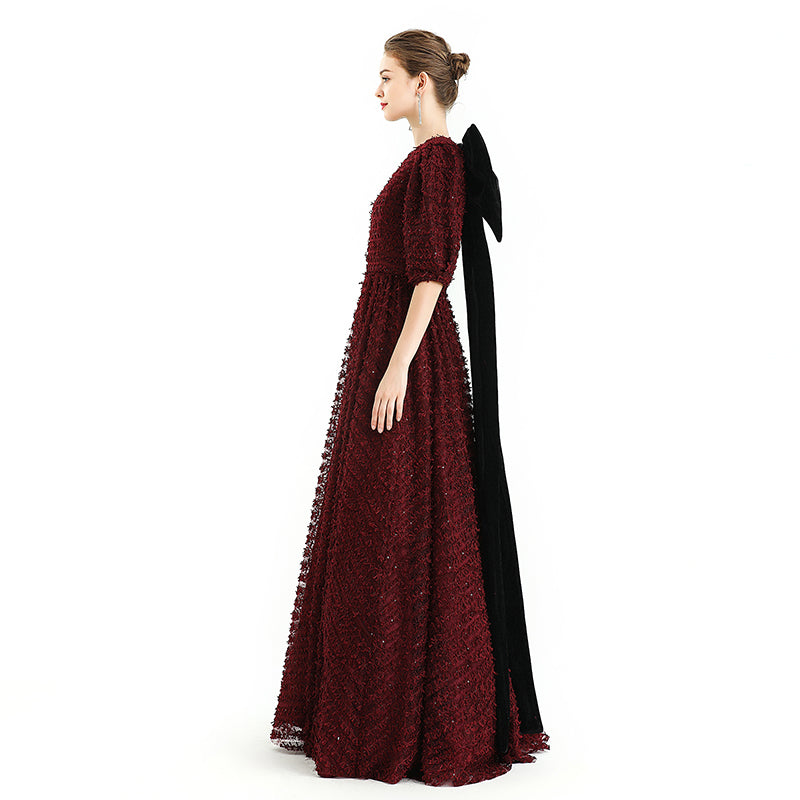 JJparty-D119 Girls All-over embroidered ribbon three-quarter puff sleeves flared hem maxi gown