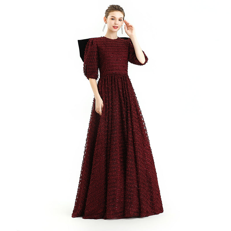 JJparty-D119 Girls All-over embroidered ribbon three-quarter puff sleeves flared hem maxi gown