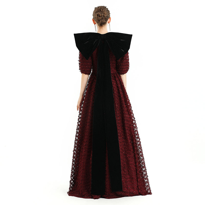 JJparty-D119 Girls All-over embroidered ribbon three-quarter puff sleeves flared hem maxi gown