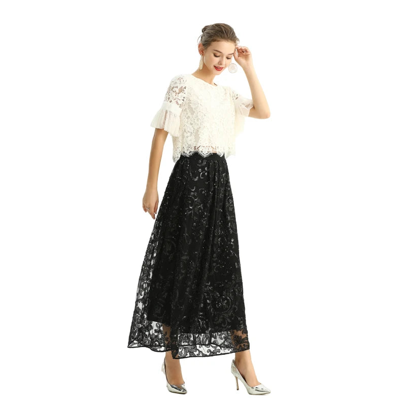 JJparty-S127 Women sequin embellishment and beading flare long evening skirt