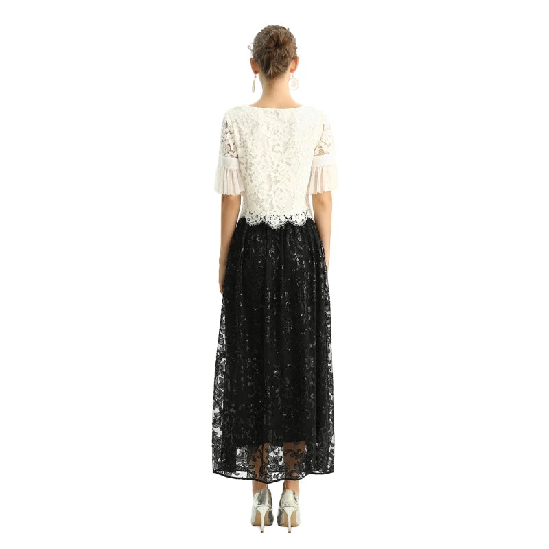 JJparty-S127 Women sequin embellishment and beading flare long evening skirt