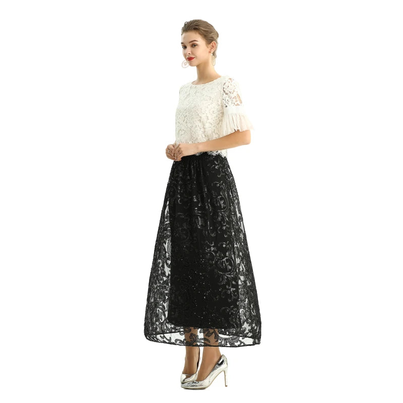 JJparty-S127 Women sequin embellishment and beading flare long evening skirt
