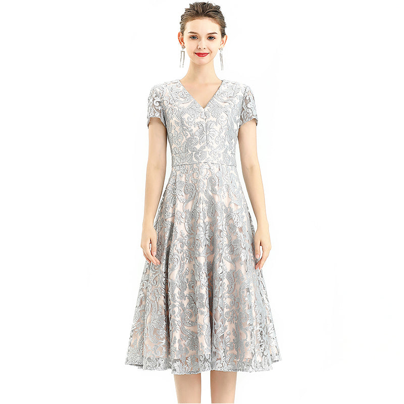 JJparty-D062-7 Women scroll leaf flower sequin embellished V neck cap sleeves flared midi evening dress