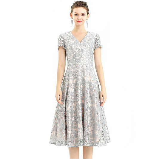 JJparty-D062-7 Women scroll leaf flower sequin embellished V neck cap sleeves flared midi evening dress