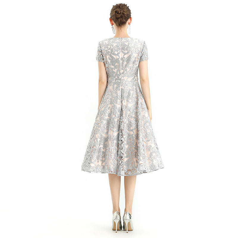 JJparty-D062-7 Women scroll leaf flower sequin embellished V neck cap sleeves flared midi evening dress