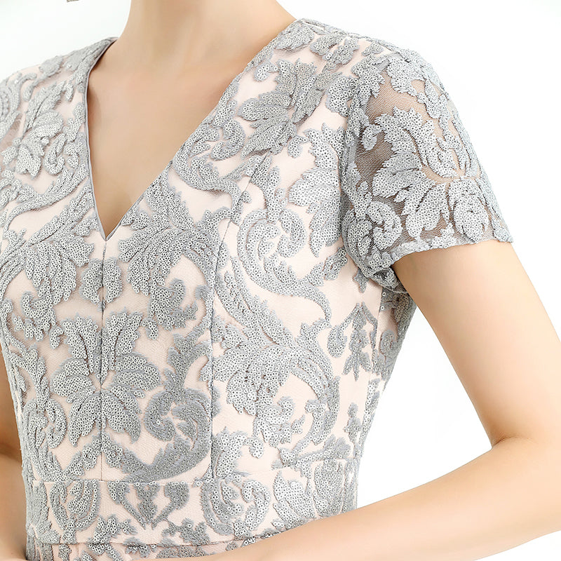 JJparty-D062-7 Women scroll leaf flower sequin embellished V neck cap sleeves flared midi evening dress