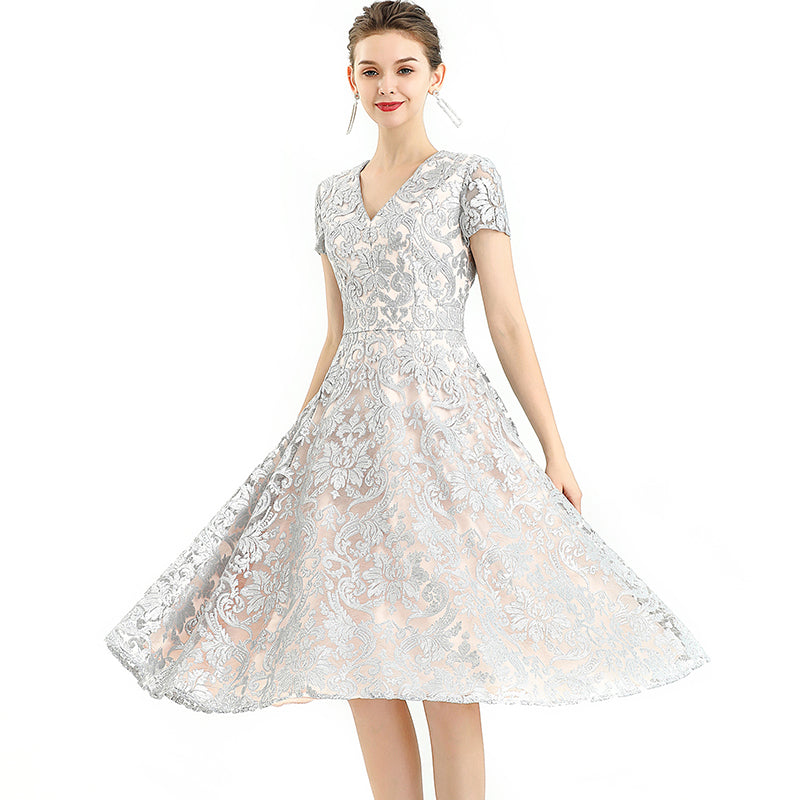 JJparty-D062-7 Women scroll leaf flower sequin embellished V neck cap sleeves flared midi evening dress
