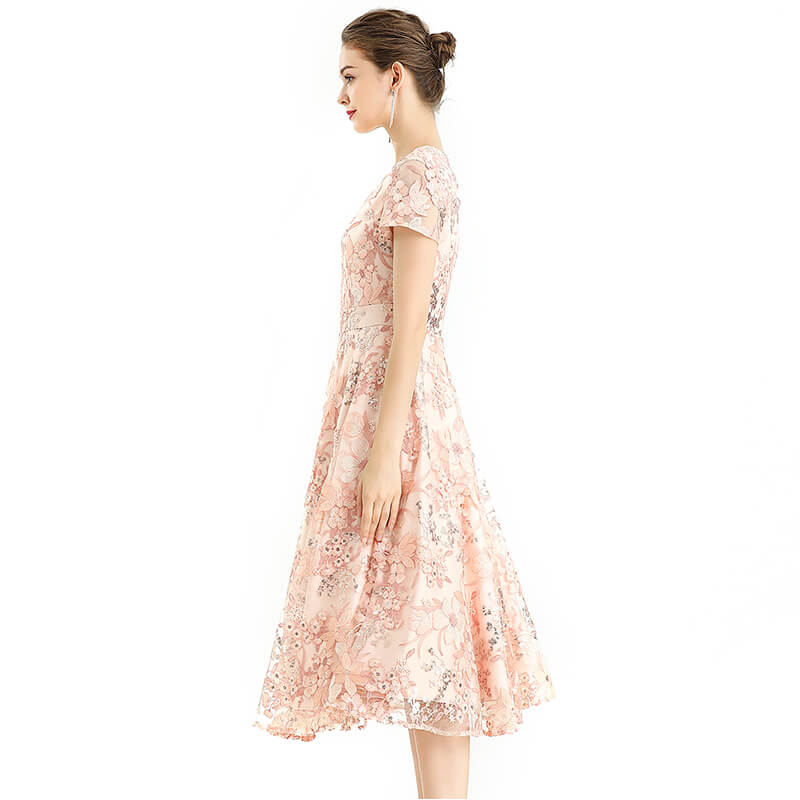 JJparty-D062-6 Women all-over floral embroidered sequinned V neck cap sleeves flared midi evening dress
