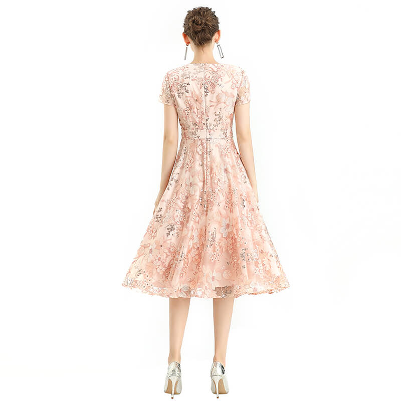 JJparty-D062-6 Women all-over floral embroidered sequinned V neck cap sleeves flared midi evening dress