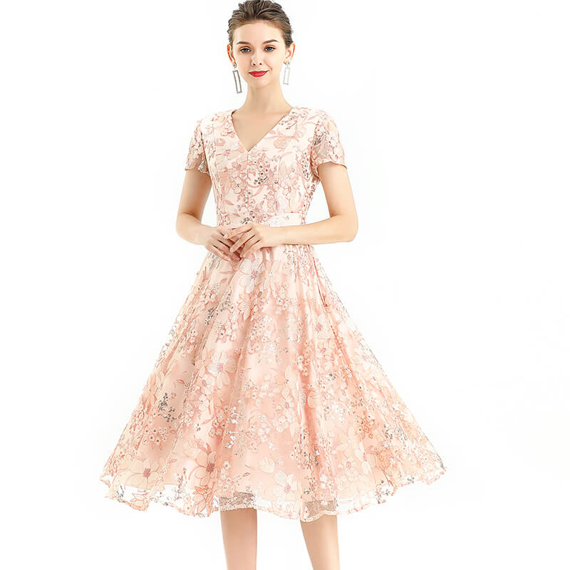 JJparty-D062-6 Women all-over floral embroidered sequinned V neck cap sleeves flared midi evening dress