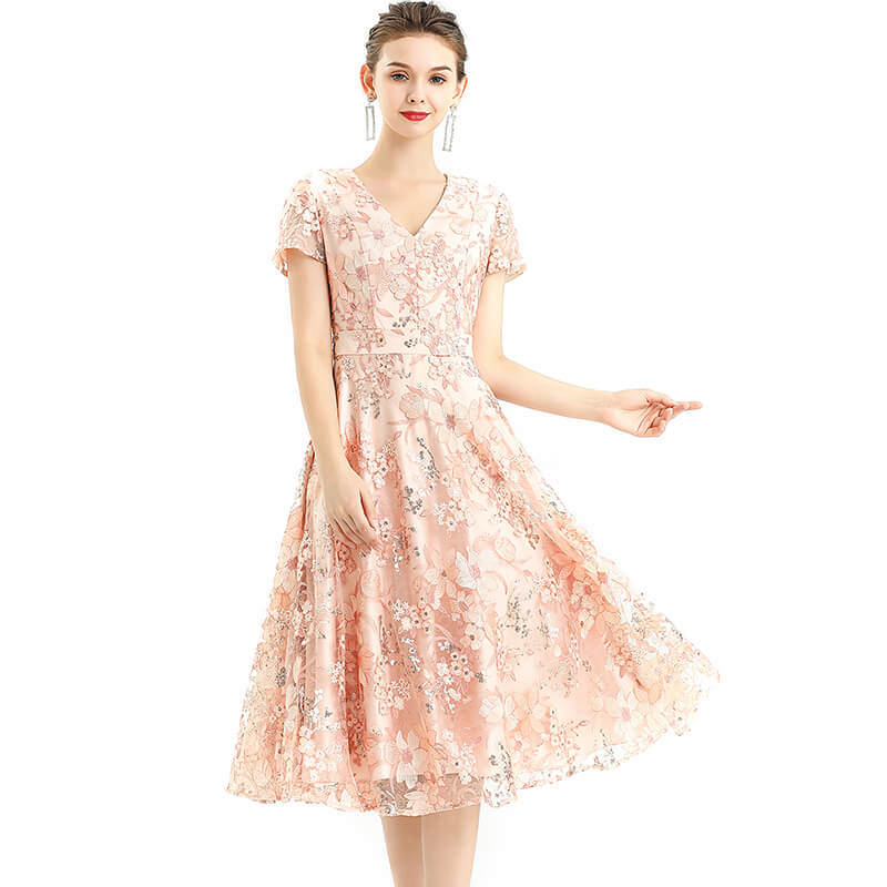 JJparty-D062-6 Women all-over floral embroidered sequinned V neck cap sleeves flared midi evening dress