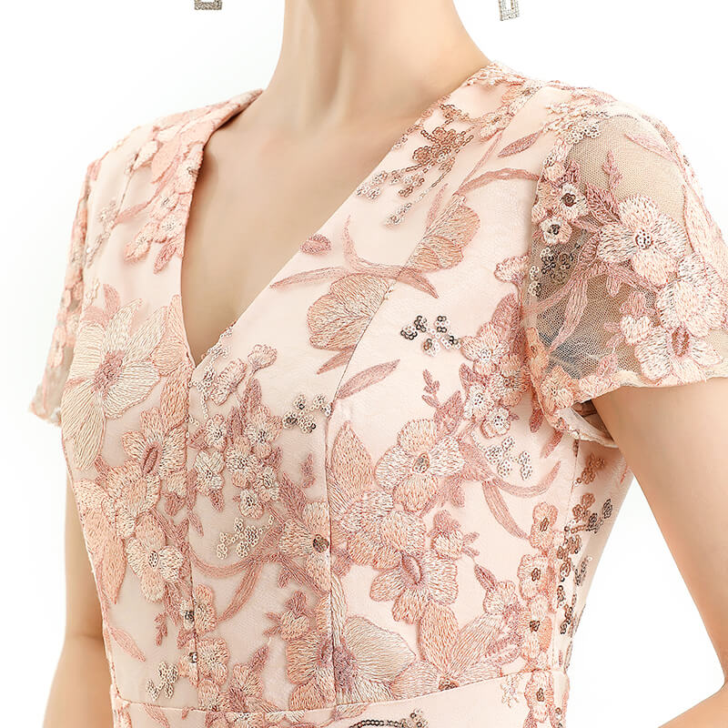 JJparty-D062-6 Women all-over floral embroidered sequinned V neck cap sleeves flared midi evening dress