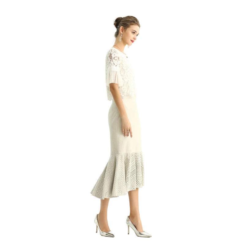 JJparty-S168-2 Women metallic jacquard trumpet ruffle hem mermaid midi skirt