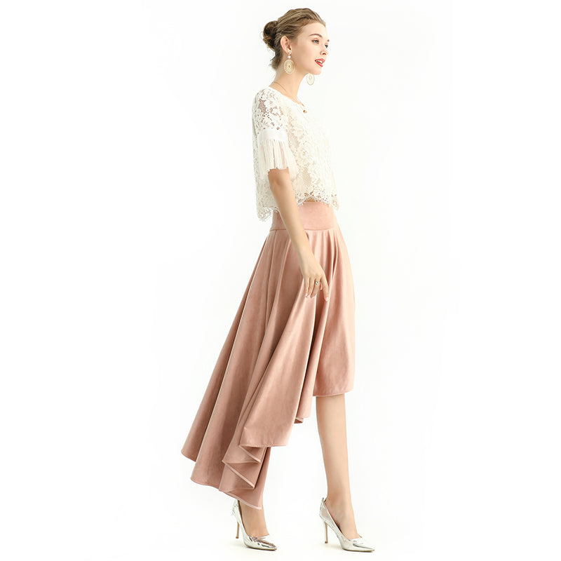 JJparty-S145-1 Women faux suede wide waistband full circle high low asymmetric flare skirt